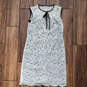 Lord & Taylor White Lace Mini Dress with Black Trim